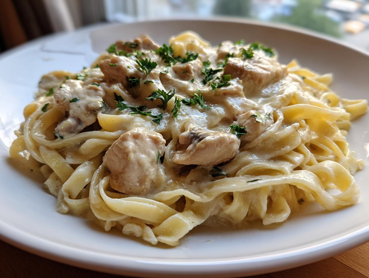 A close-up of a serving of rich chicken alfredo pasta, featuring fettuccine noodles and chunks of chicken in a creamy sauce, garnished with parsley.
