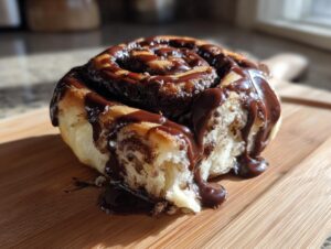 Close-up of a soft, fluffy chocolate cinnamon roll generously covered in rich, melted chocolate glaze.
