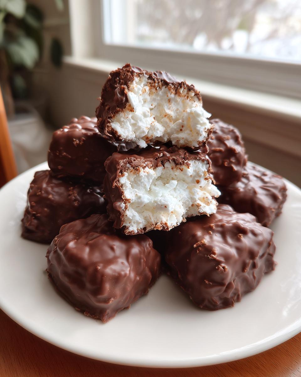 Stack of homemade cool whip candy pieces coated in bumpy milk chocolate, one piece is broken open.