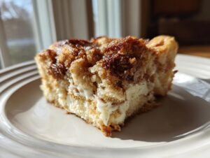 Close-up of a square slice of amazing french toast casserole with a gooey cream cheese layer.