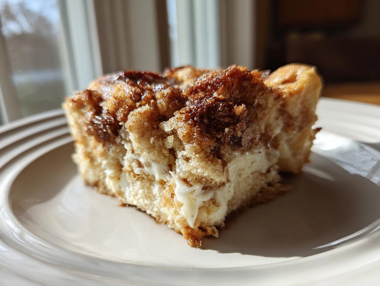Close-up of a square slice of amazing french toast casserole with a gooey cream cheese layer.