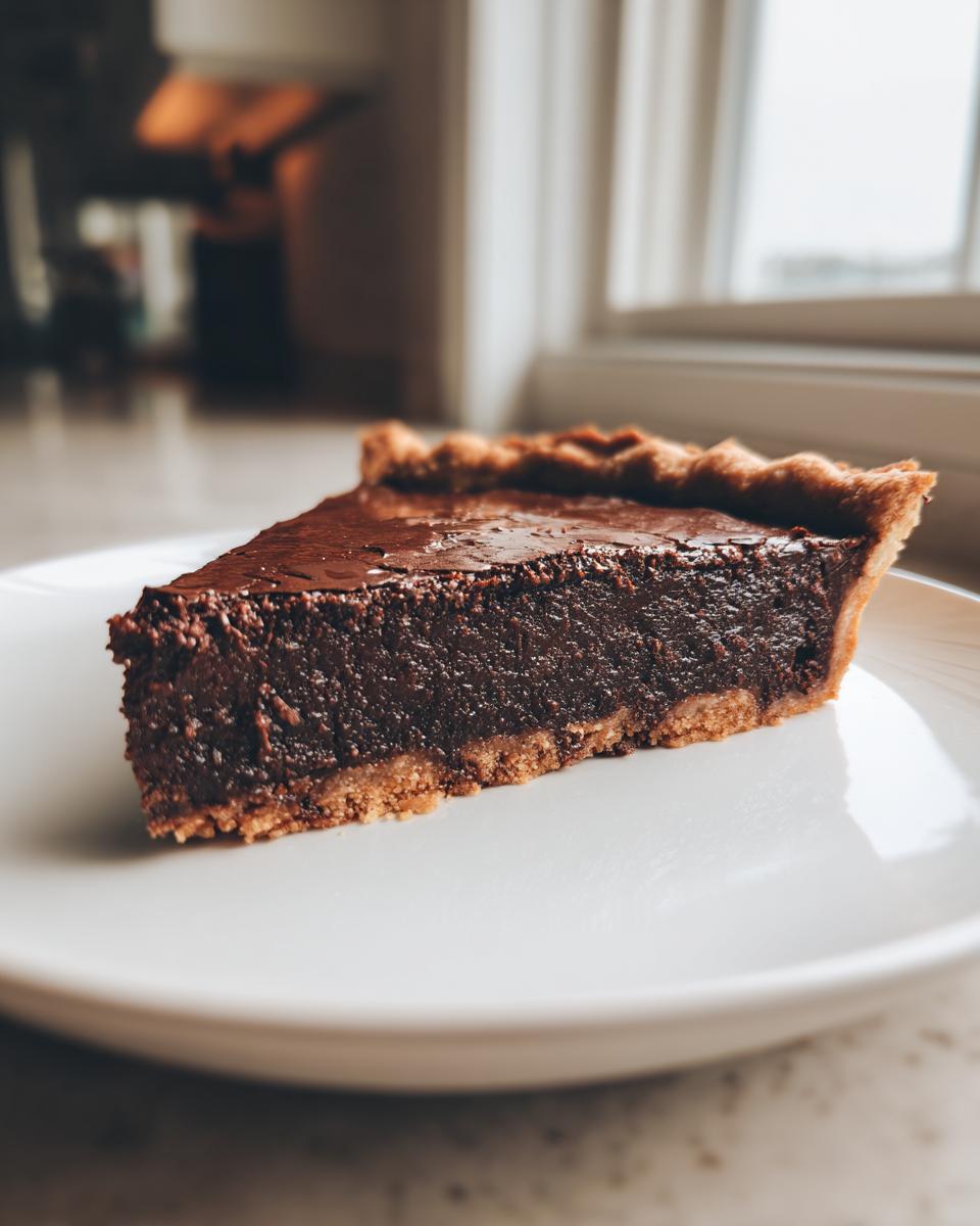 A close-up of a rich, dark slice of fudge pie with a flaky crust on a white plate.