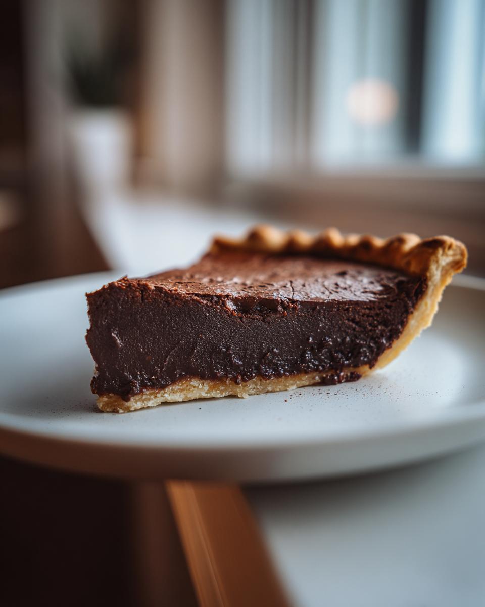 A rich, dark slice of amazing fudge pie with a flaky crust, served on a light plate.