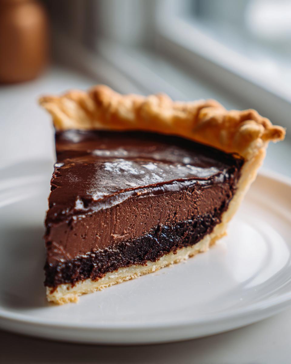A rich, layered slice of chocolate fudge pie with a flaky crust, sitting on a white plate.