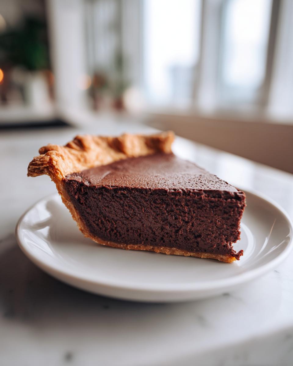 A close-up shot of a thick slice of rich, dark chocolate fudge pie on a small white plate.