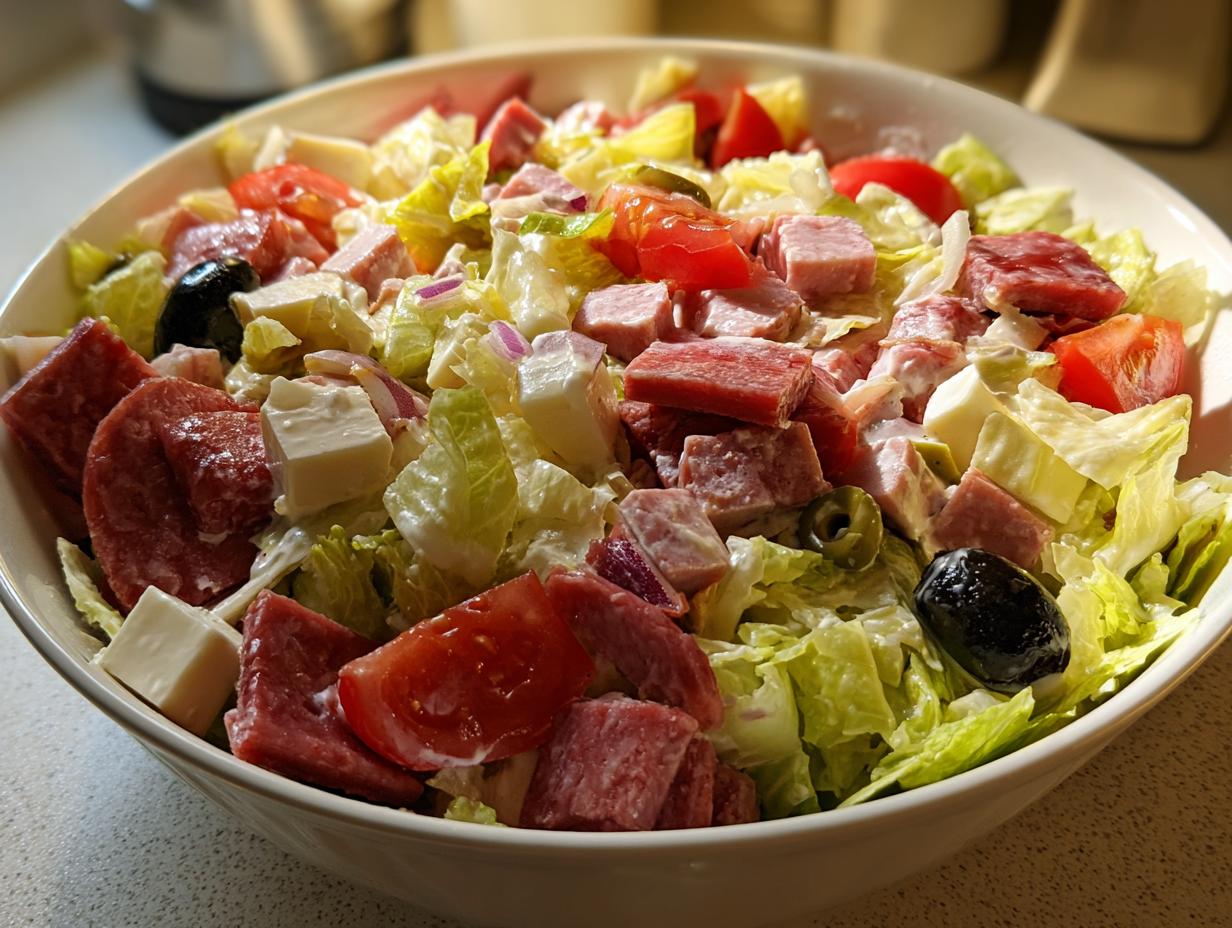 A close-up of a hearty grinder salad featuring lettuce, salami, ham cubes, cheese, tomatoes, and black olives.