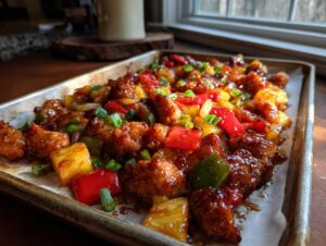 Close-up of amazing hawaiian chicken sheet pan with pineapple, peppers, and green onions.
