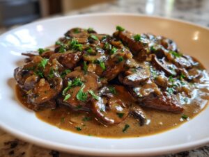 Close-up of sliced meat smothered in a rich, brown mushroom sauce, garnished with fresh parsley.