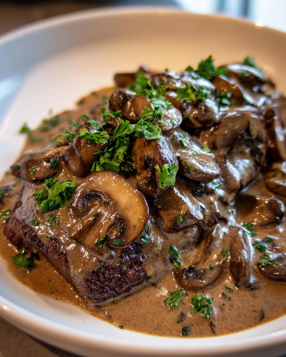 Close-up of a steak smothered in rich, creamy mushroom sauce and garnished with fresh parsley.