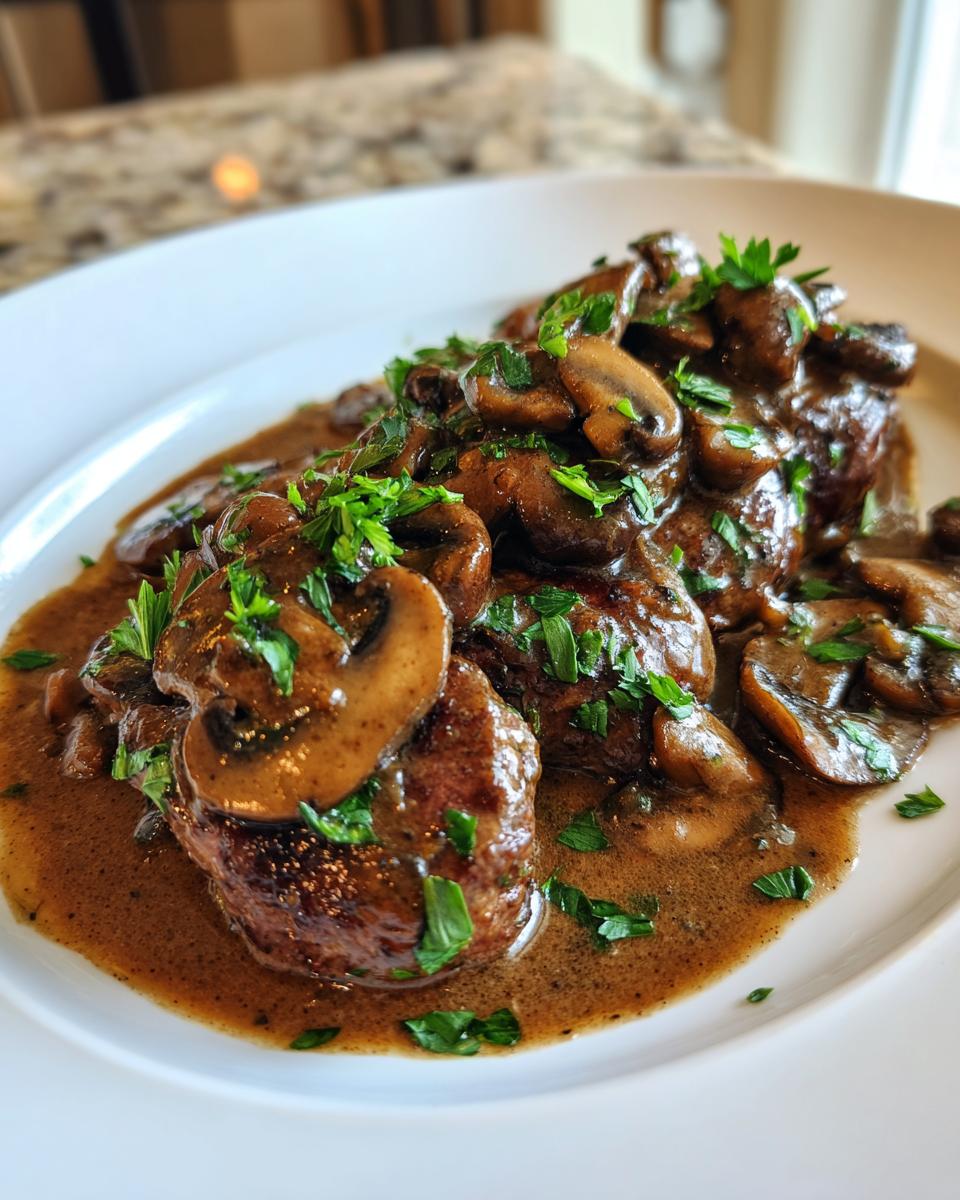 Close-up of seared meat covered in a rich brown mushroom sauce and sliced mushrooms, garnished with parsley.
