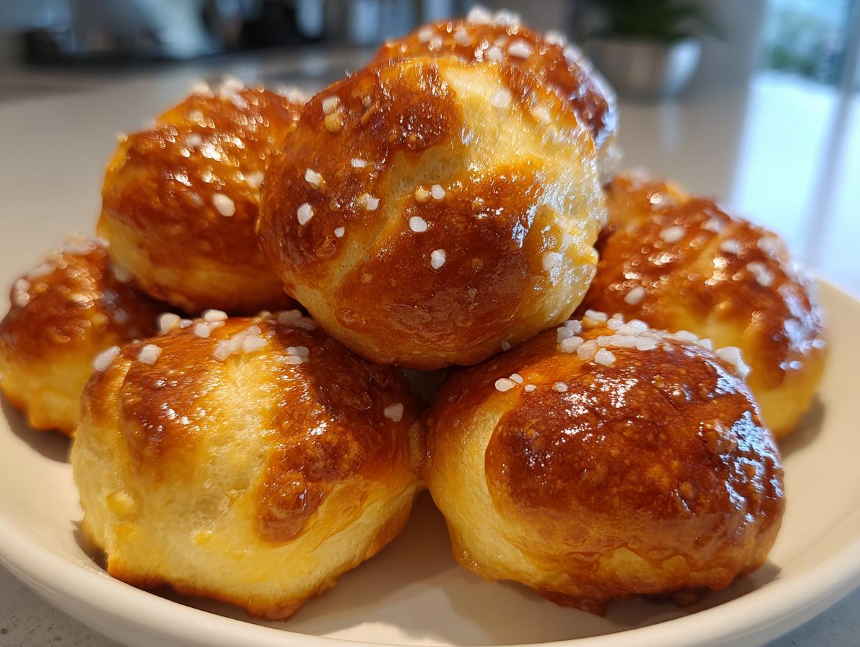 Close-up of a pile of freshly baked, glossy pretzel bites topped with coarse salt.