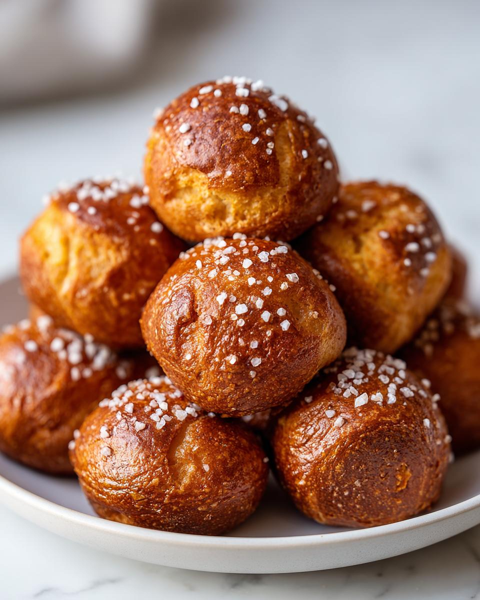 A close-up stack of freshly baked, golden brown pretzel bites topped with coarse salt.