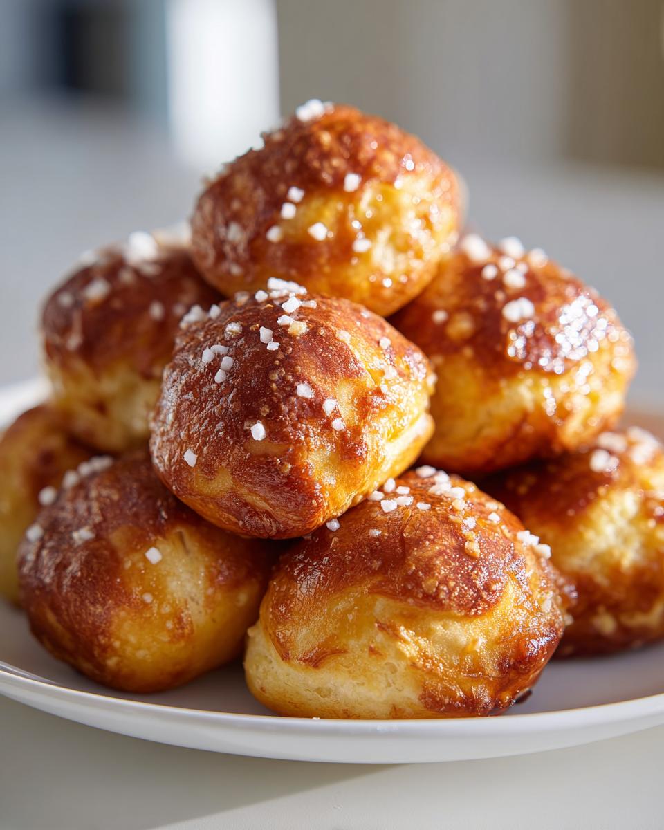 A close-up of a stack of freshly baked, golden brown pretzel bites topped with coarse salt.