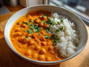 A white bowl filled with rich orange pumpkin curry featuring chickpeas, served alongside fluffy white rice and garnished with cilantro.