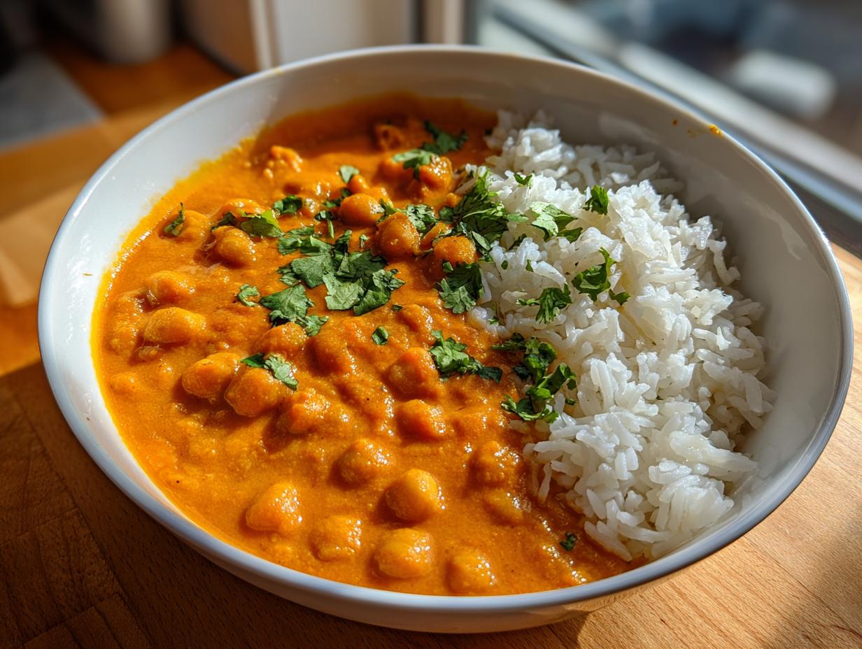 A white bowl filled with rich orange pumpkin curry featuring chickpeas, served alongside fluffy white rice and garnished with cilantro.