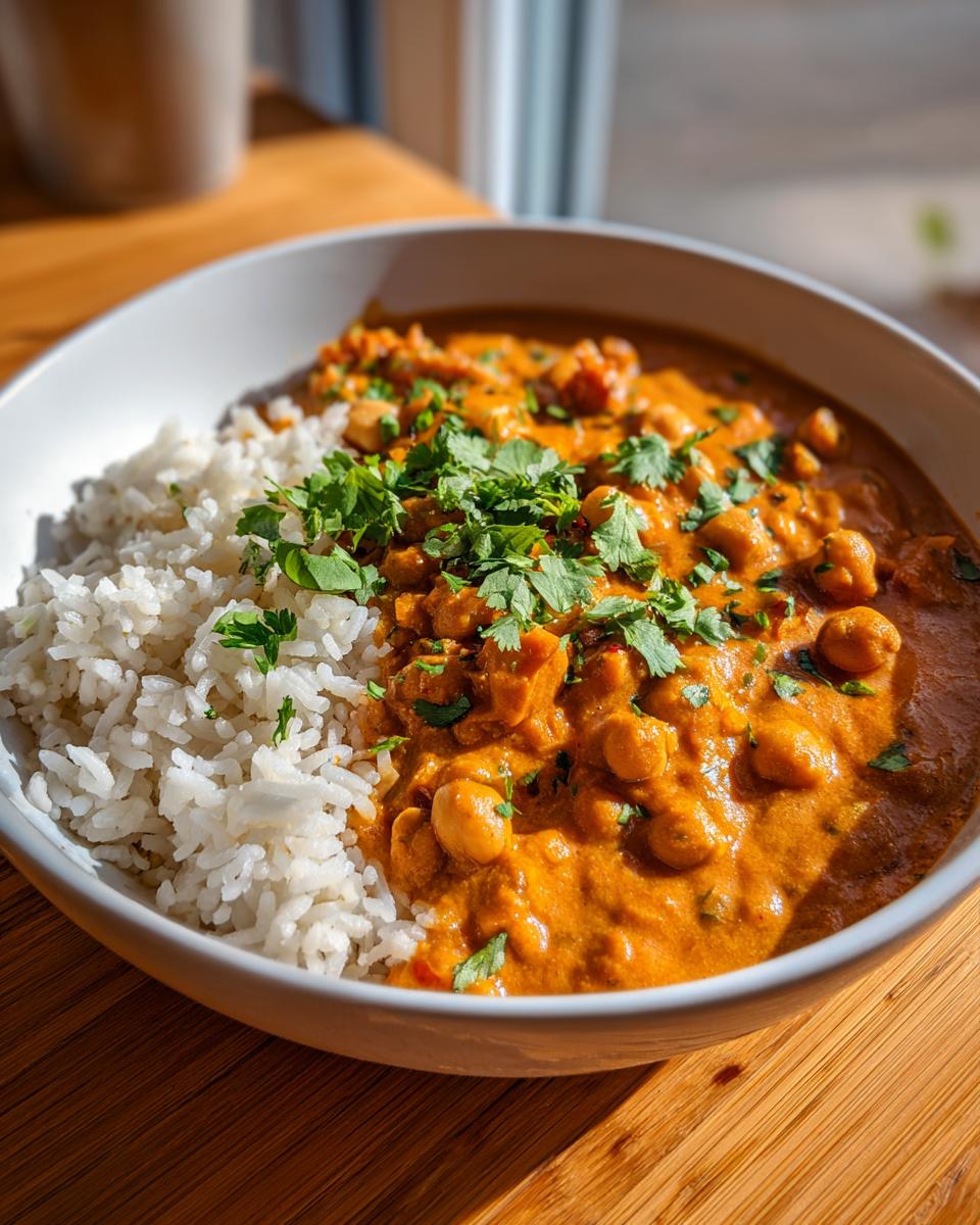 A white bowl filled with rich, orange pumpkin curry featuring chickpeas, served alongside fluffy white rice and topped with fresh cilantro.