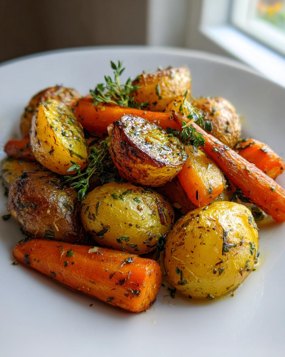 A close-up of golden roasted potatoes and carrots seasoned with herbs on a white plate.