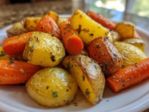 Close-up of glossy, herb-seasoned roasted potatoes and carrots served on a white plate.