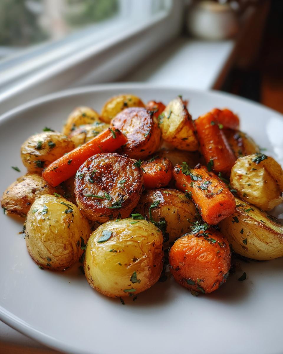 A close-up of beautifully caramelized roasted potatoes and carrots sprinkled with fresh parsley.