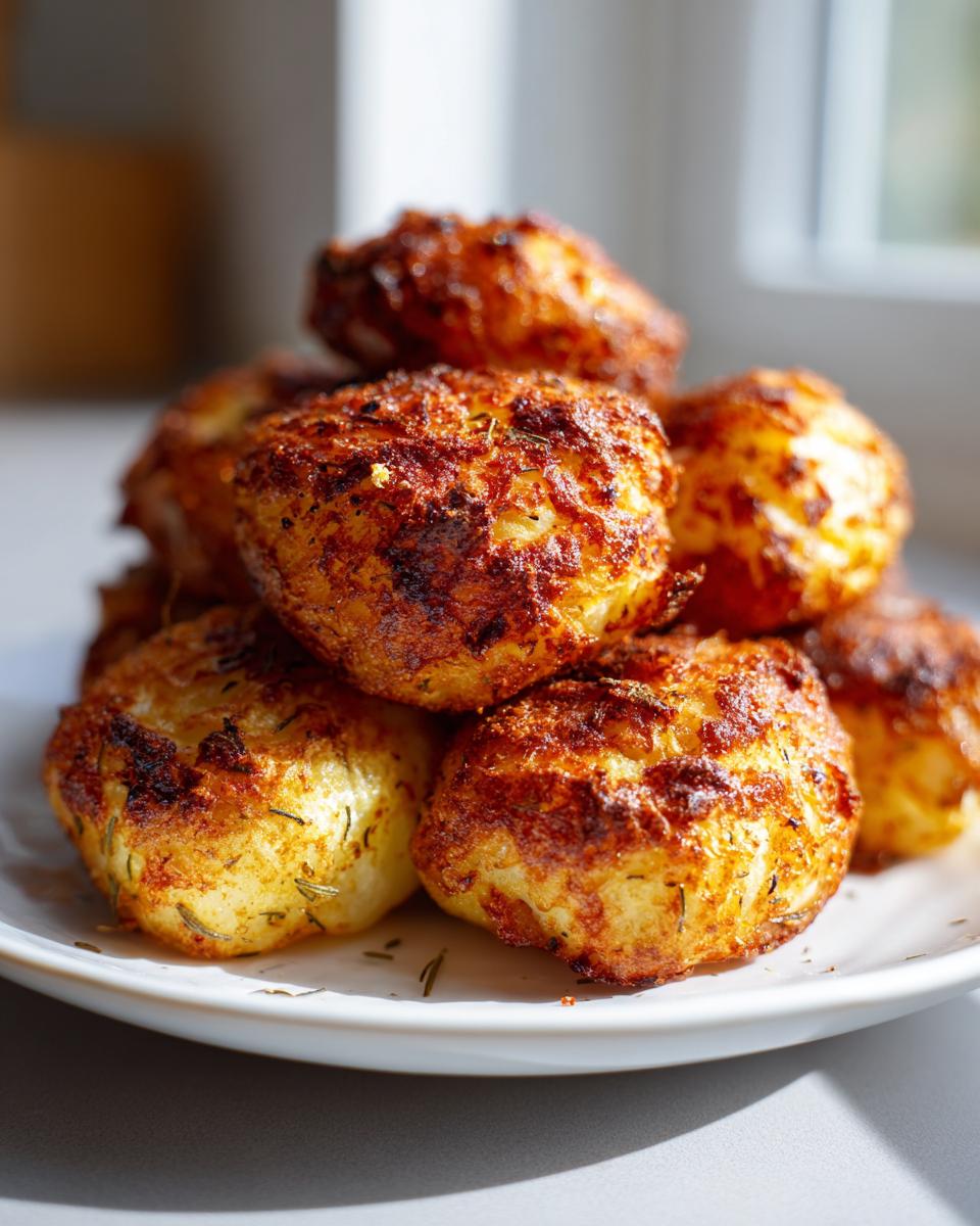 A close-up stack of perfectly crispy, golden brown roasted potatoes seasoned with herbs.