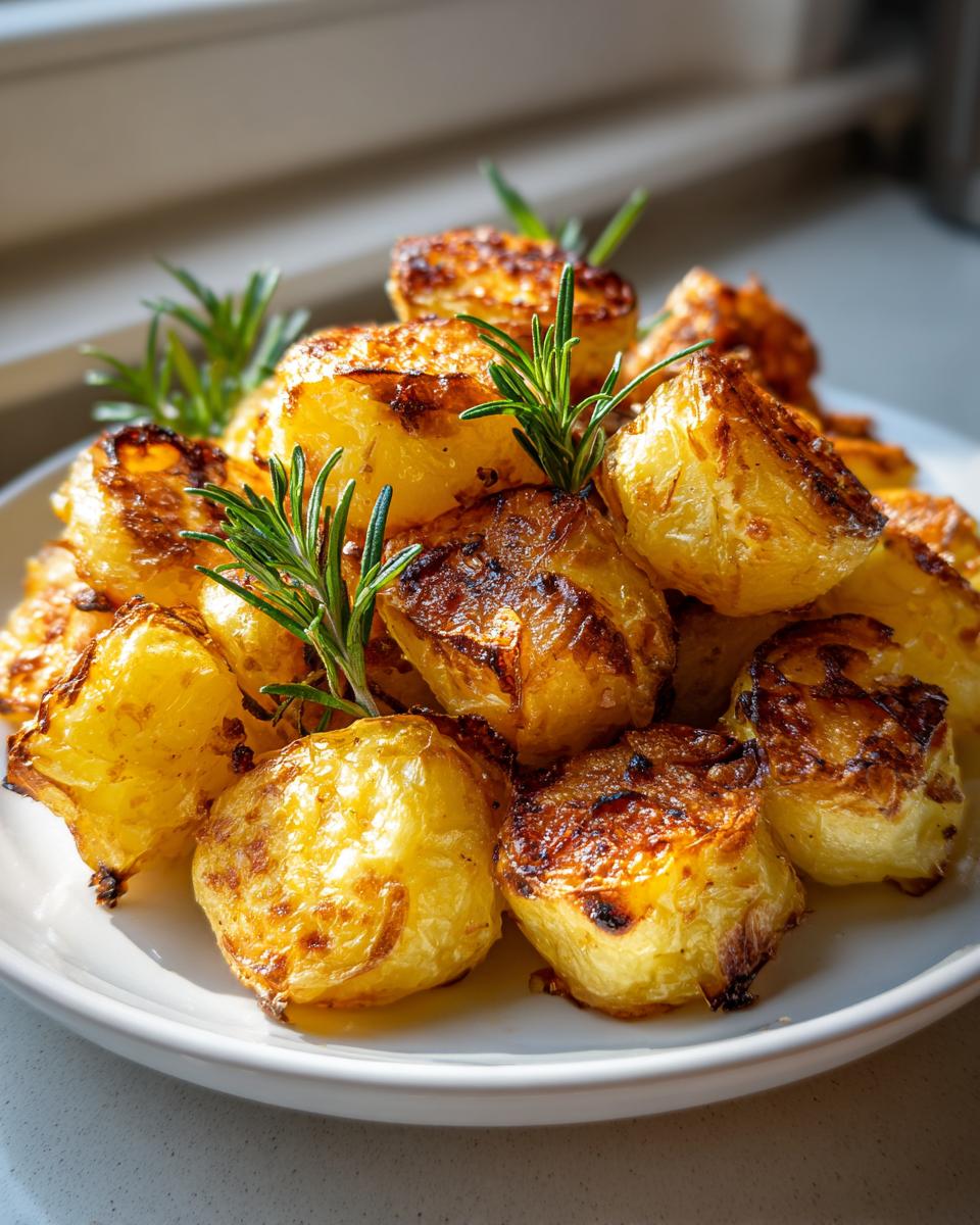 A pile of golden brown, crispy roasted potatoes garnished with fresh sprigs of rosemary on a white plate.