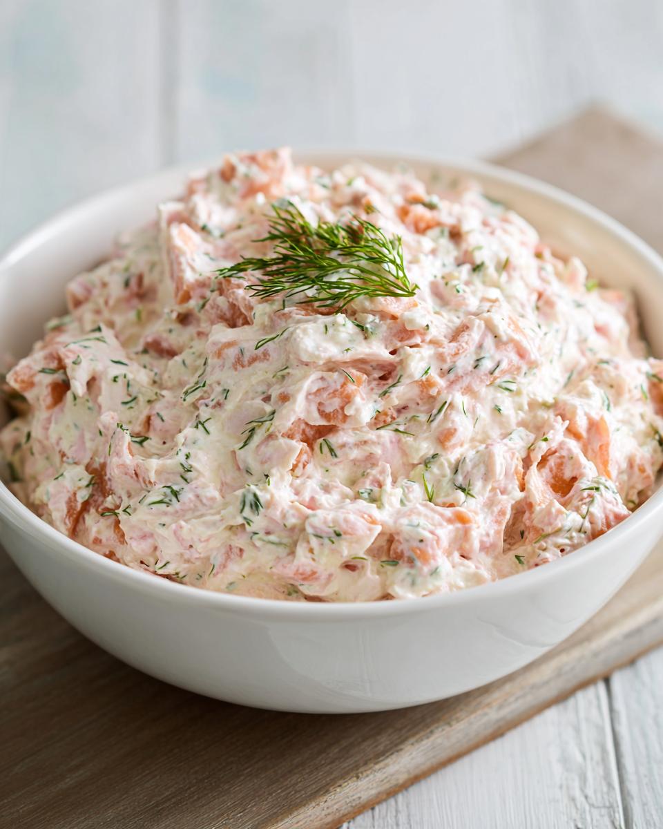 A close-up view of creamy, pink smoked salmon dip mixed with fresh dill, garnished with a sprig of dill, served in a white bowl.