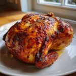 A whole, beautifully roasted spatchcock chicken with glossy, browned skin resting on a white plate.