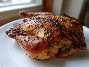 A beautifully roasted spatchcock chicken with golden-brown, herbed skin resting on a white plate.