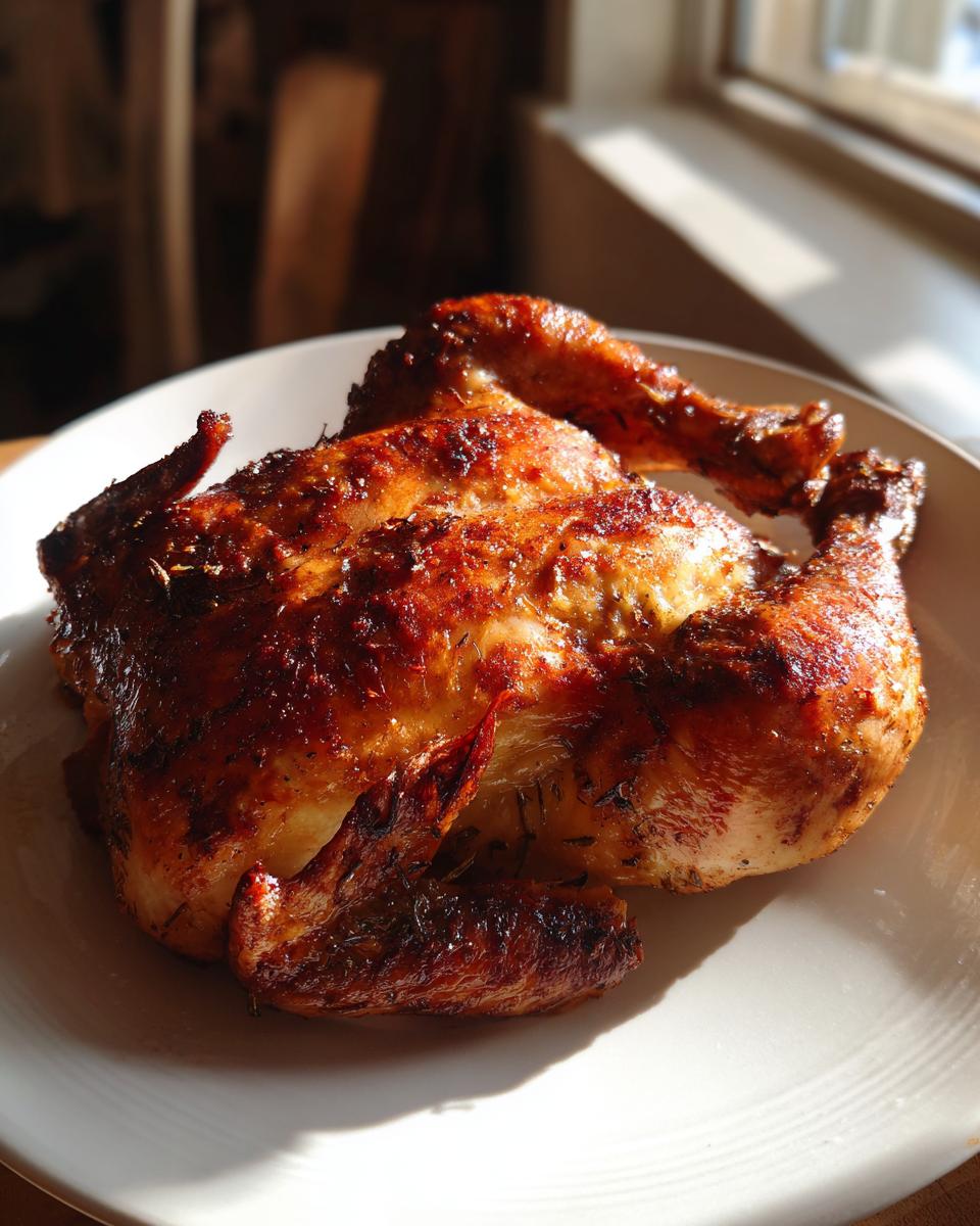 A whole, beautifully roasted spatchcock chicken with crispy, golden-brown skin resting on a white plate.