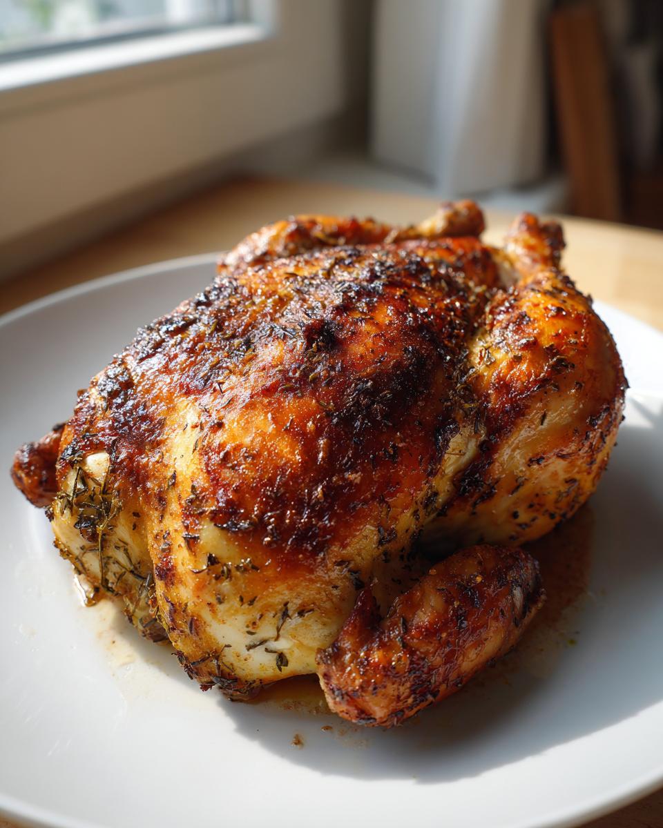 A beautifully roasted, golden-brown spatchcock chicken seasoned with herbs resting on a white plate.