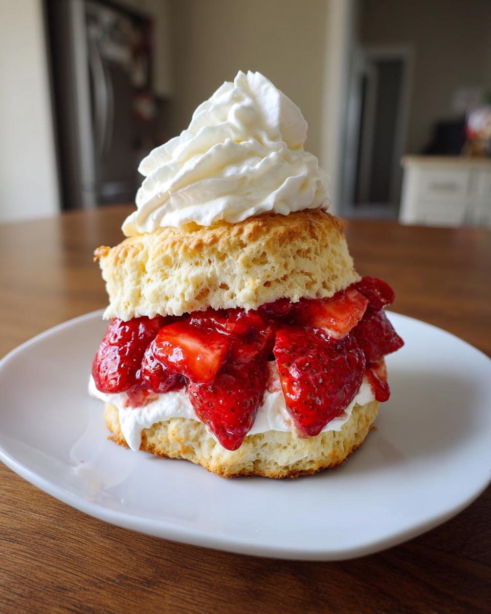 A homemade strawberry shortcake featuring biscuit layers, macerated strawberries, and a generous topping of whipped cream.