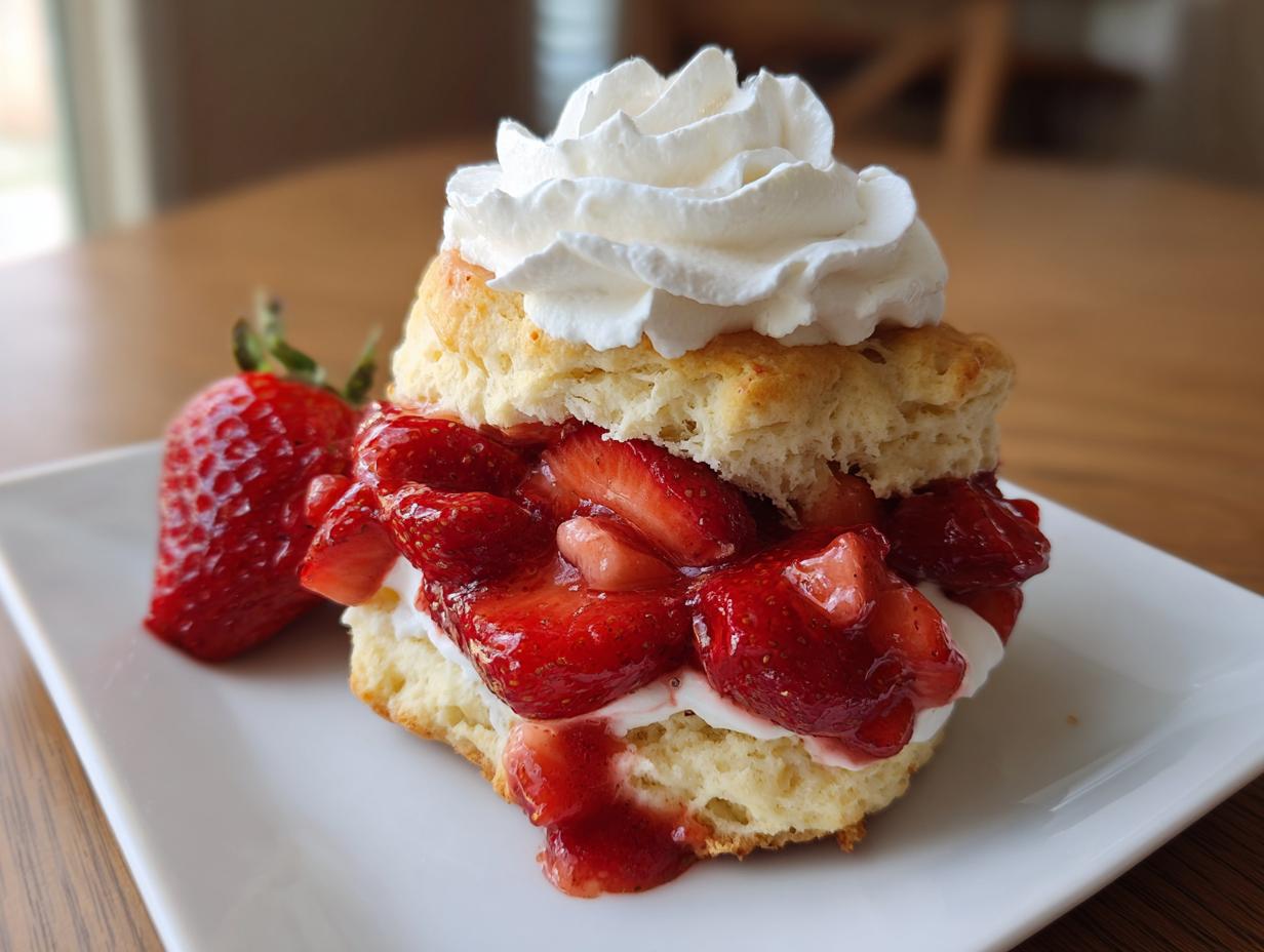 A delicious, layered strawberry shortcake featuring a biscuit, macerated strawberries, and a dollop of whipped cream.