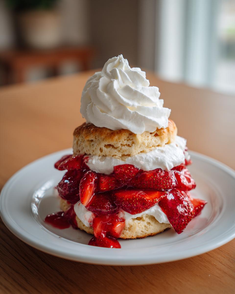 A tall, delicious strawberry shortcake layered with biscuits, macerated strawberries, and whipped cream.