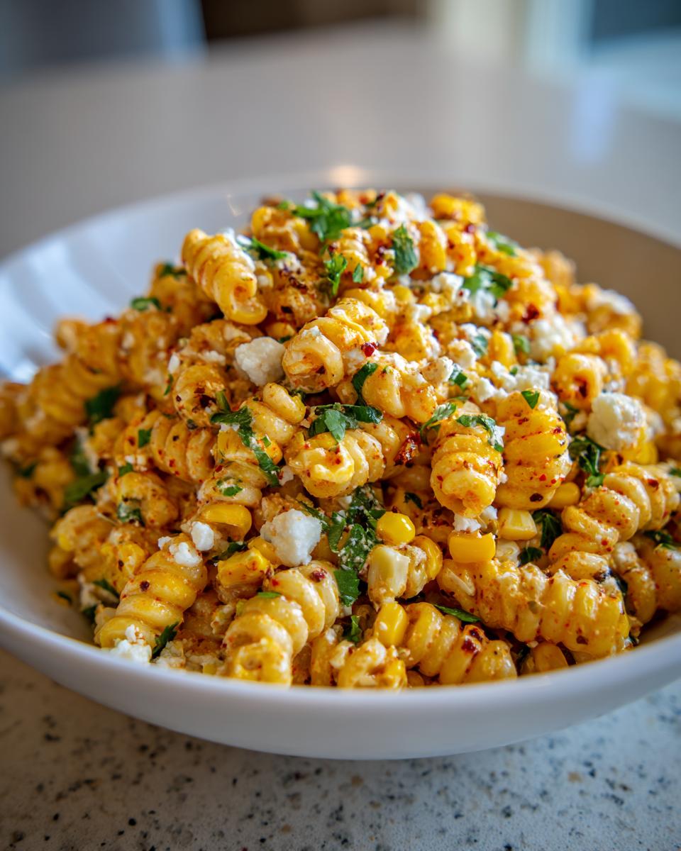 Close-up of a white bowl filled with creamy, yellow street corn pasta salad, topped with cotija cheese and cilantro.
