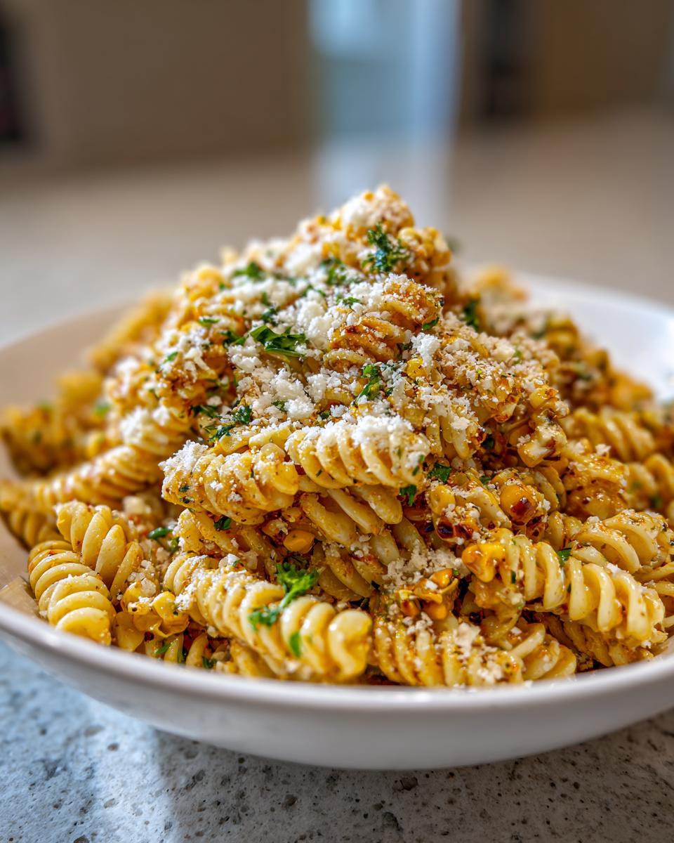 A close-up of a white bowl filled with street corn pasta salad featuring fusilli pasta, corn kernels, and a generous topping of cotija cheese and cilantro.