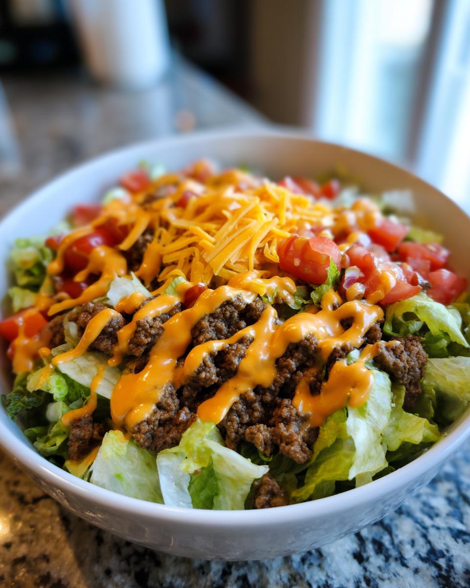 A close-up of a fresh taco salad featuring crisp lettuce, seasoned ground beef, diced tomatoes, shredded cheese, and a drizzle of cheese sauce.