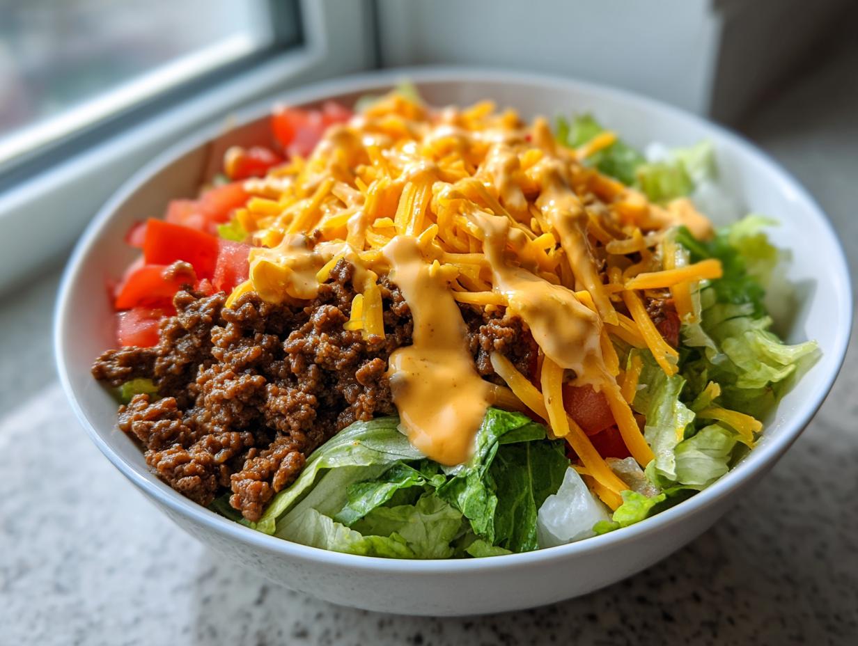 A vibrant bowl of taco salad featuring seasoned ground beef, shredded cheddar cheese, diced tomatoes, and creamy dressing over crisp lettuce.
