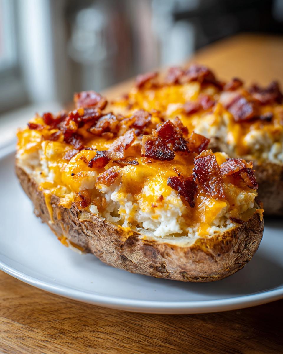 Close-up of a delicious twice baked potato stuffed with creamy filling, melted cheddar cheese, and crispy bacon bits.
