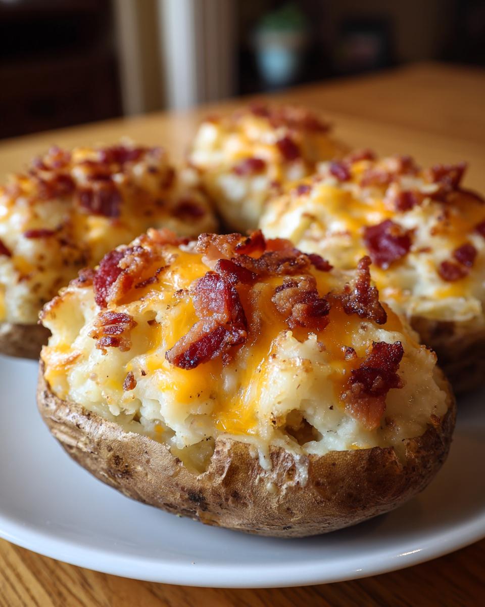 Close-up of delicious twice baked potatoes topped with melted cheddar cheese and crispy bacon bits.