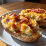 Close-up of two amazing twice baked potatoes stuffed with mashed potato filling, melted cheddar cheese, and crispy bacon bits.