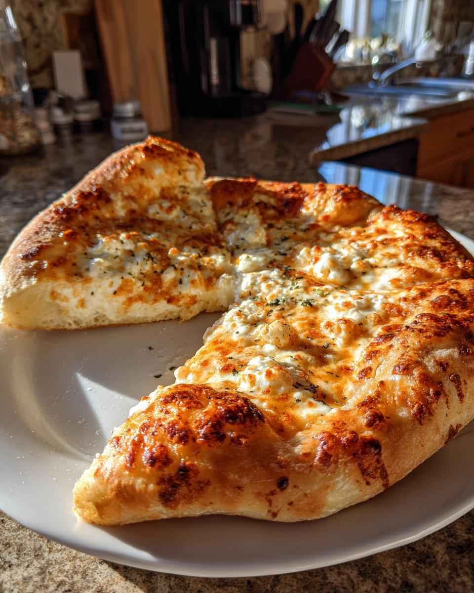 A close-up of a freshly baked white pizza slice showing bubbly, browned cheese and a thick, golden crust.