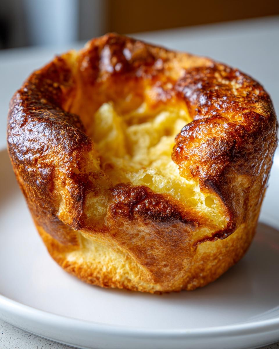 A close-up of a single, tall, golden-brown Yorkshire pudding with a crispy exterior and soft center.