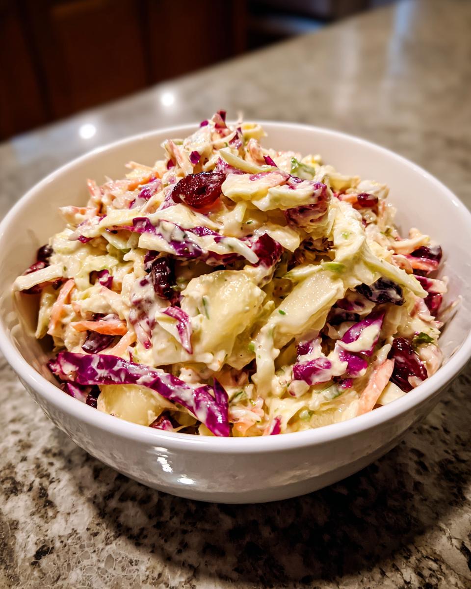 A white bowl filled with creamy apple cranberry coleslaw featuring shredded cabbage, carrots, apples, and dried cranberries.
