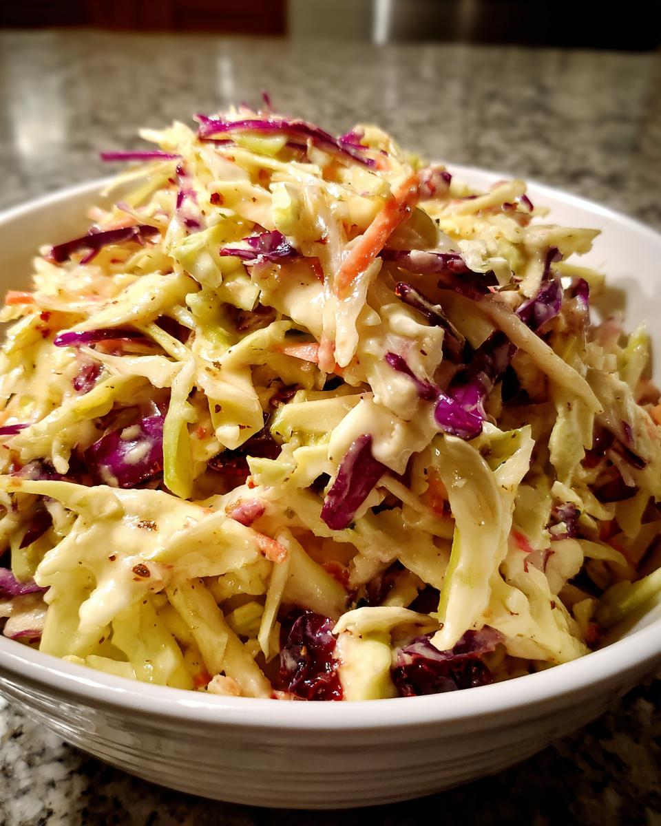 Close-up of a white bowl filled with creamy apple cranberry coleslaw, featuring shredded green cabbage, red cabbage, and carrots.
