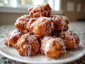 A tempting stack of golden brown apple fritter bites drizzled with white glaze and dusted with powdered sugar.