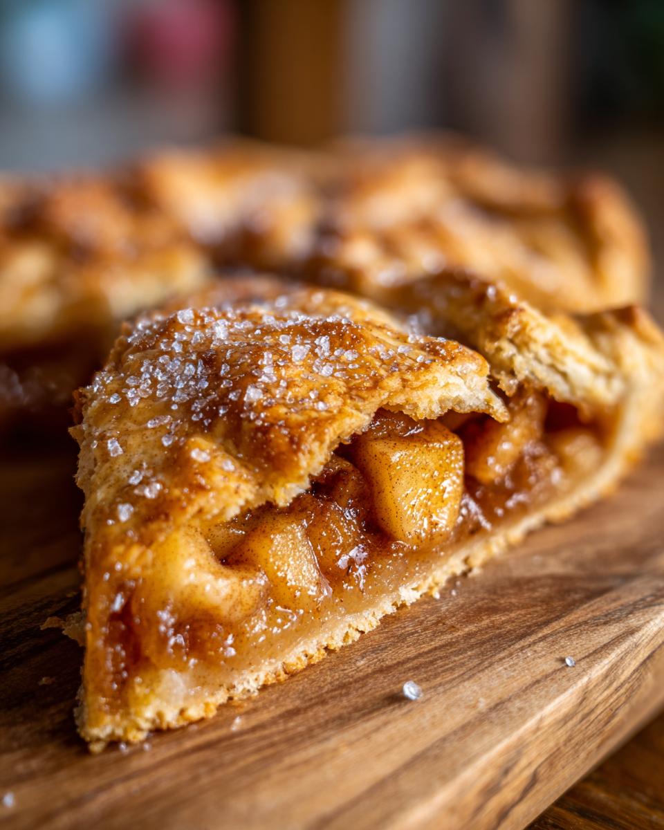 Close-up of a slice of apple galette showing cinnamon-spiced filling and a flaky crust topped with coarse sugar.