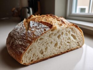 A loaf of freshly baked artisan bread cut in half, showing a beautiful open crumb structure and golden crust.