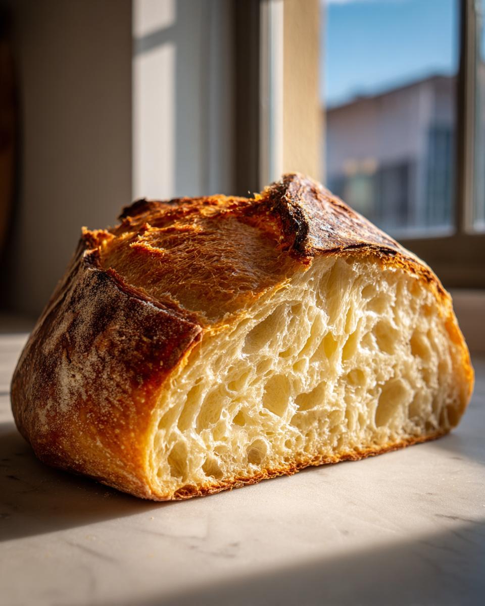 Close-up of a freshly baked artisan bread loaf cut in half, showing an open, airy crumb structure.