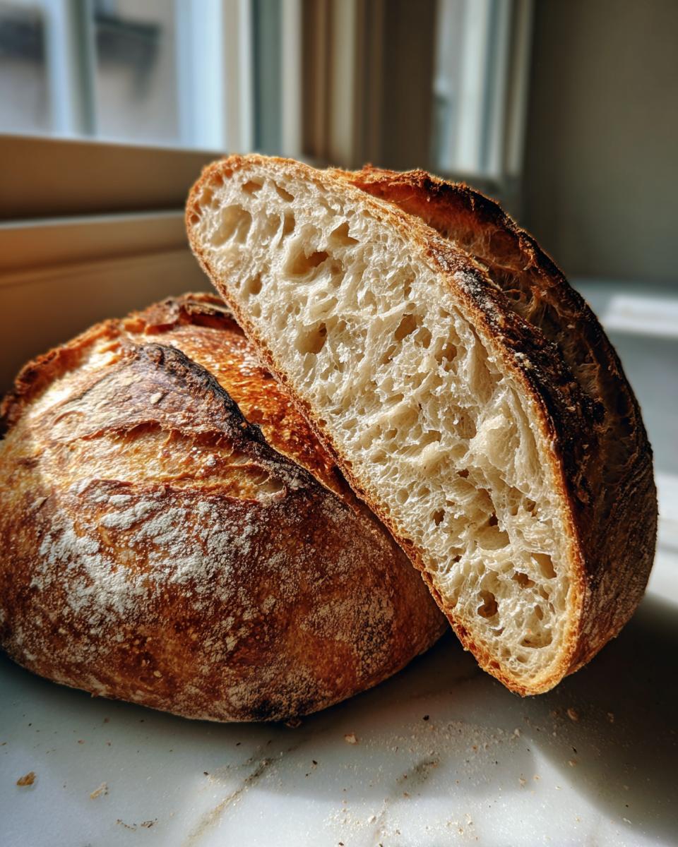 A loaf of artisan bread, cut in half to show the open, airy crumb structure and dark crust.