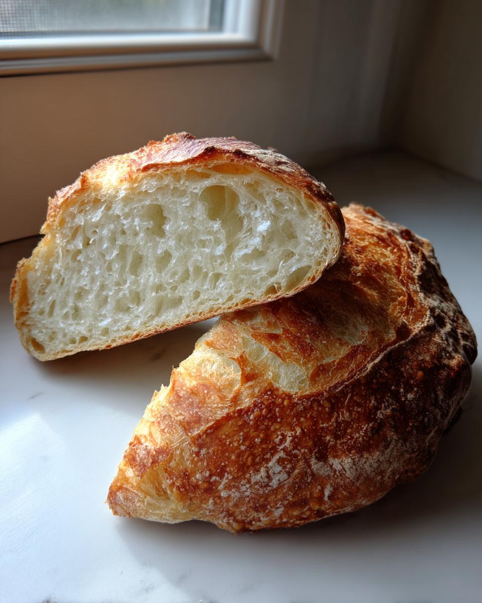 Cross-section view showing the open, airy crumb structure of a freshly baked artisan bread loaf.